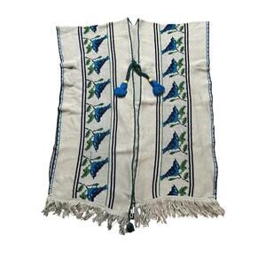 Vintage 1970s Woven Bird Motif Poncho Tie Front Cape Fringe Boho